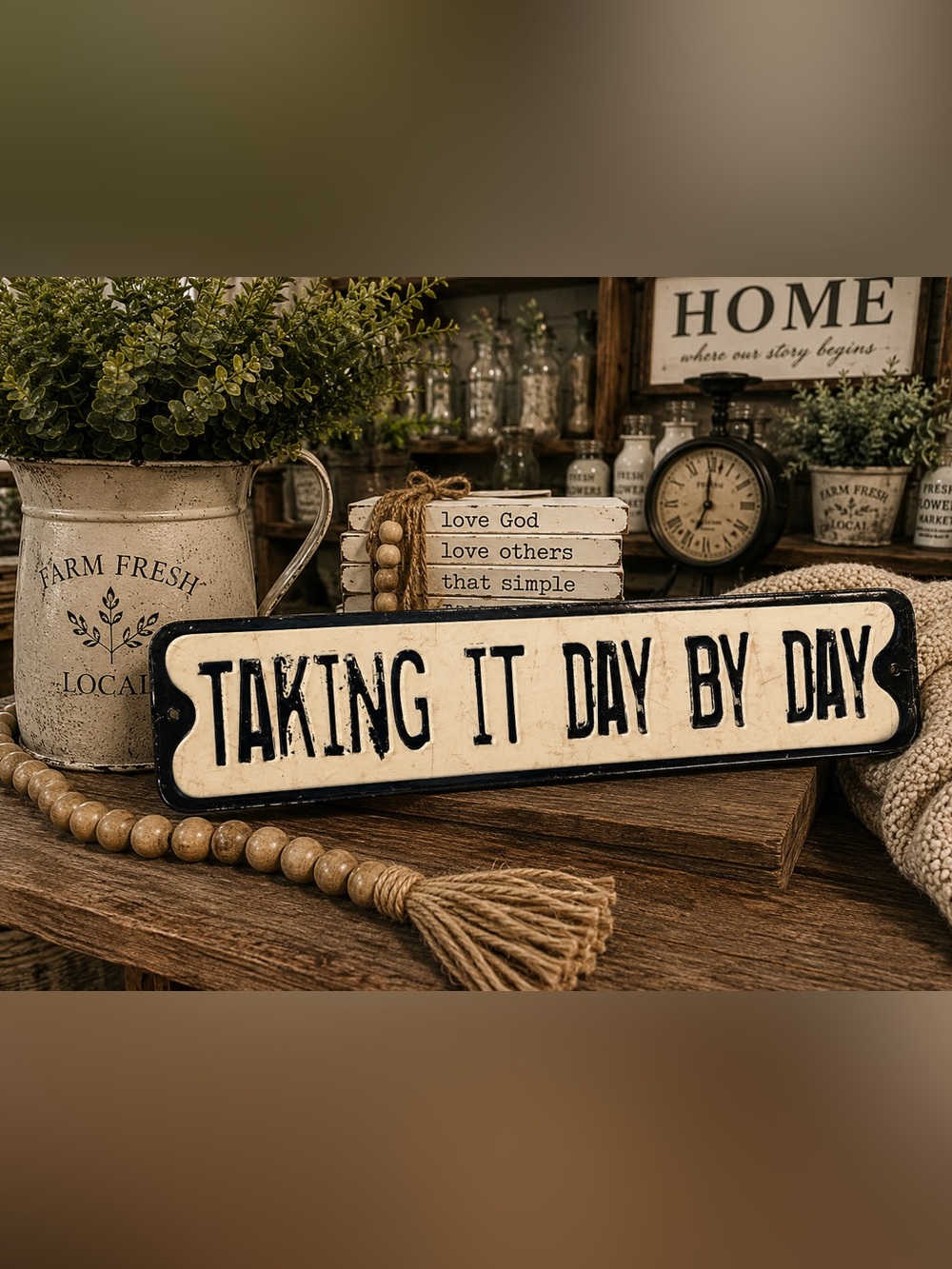 Rustic Farmhouse “Taking It Day By Day” Metal Sign - Cream & Black